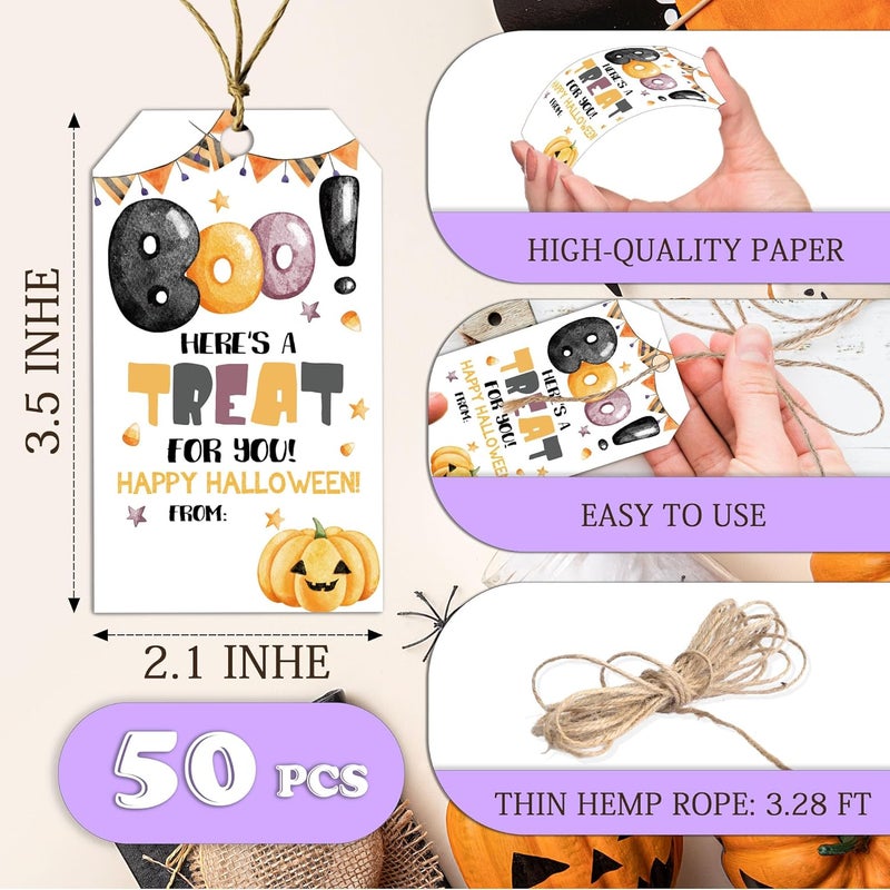 RPLCSPC Halloween Paper Gift Tags with String-50Pcs, Here is A Treat for You Happy Halloween Tags for Goodie Bags, 2 x 3.5 Inch Writable Waterproof Hanging Labels for Decor Party Supplies, Gift Wrapping-B04 - Image 2
